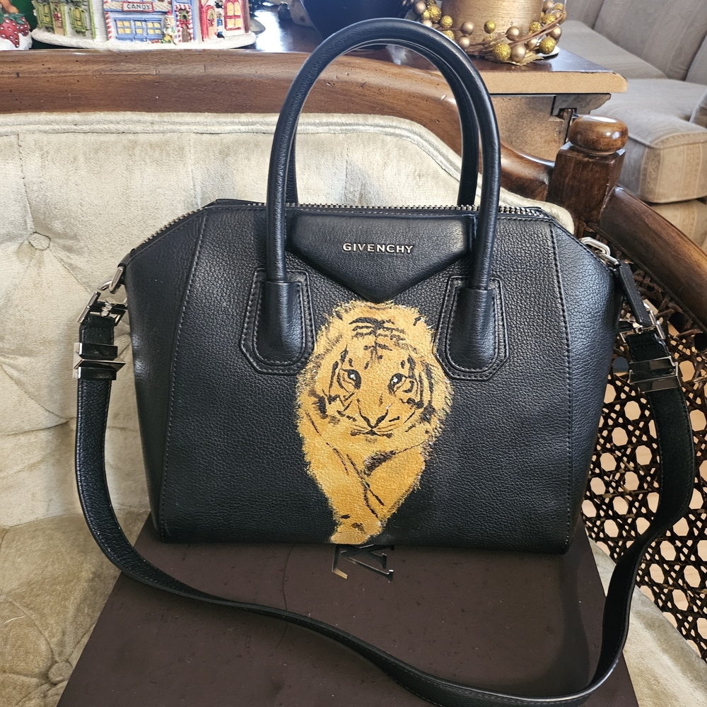 Givenchy Antigona Black With Hand Painted Gold Tiger Print Bag